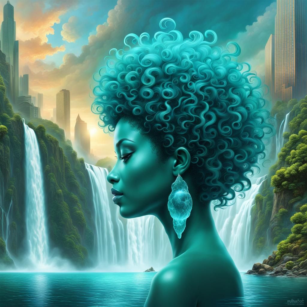 Surreal Teal Afro Woman with Waterfalls, Digital Art