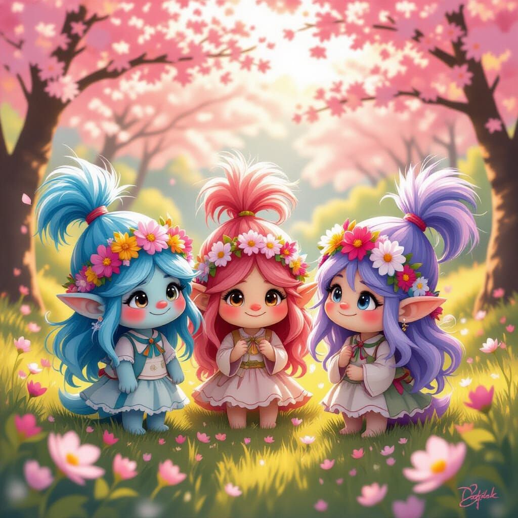 Whimsical Trolls in Sakura Garden, Fantasy Art