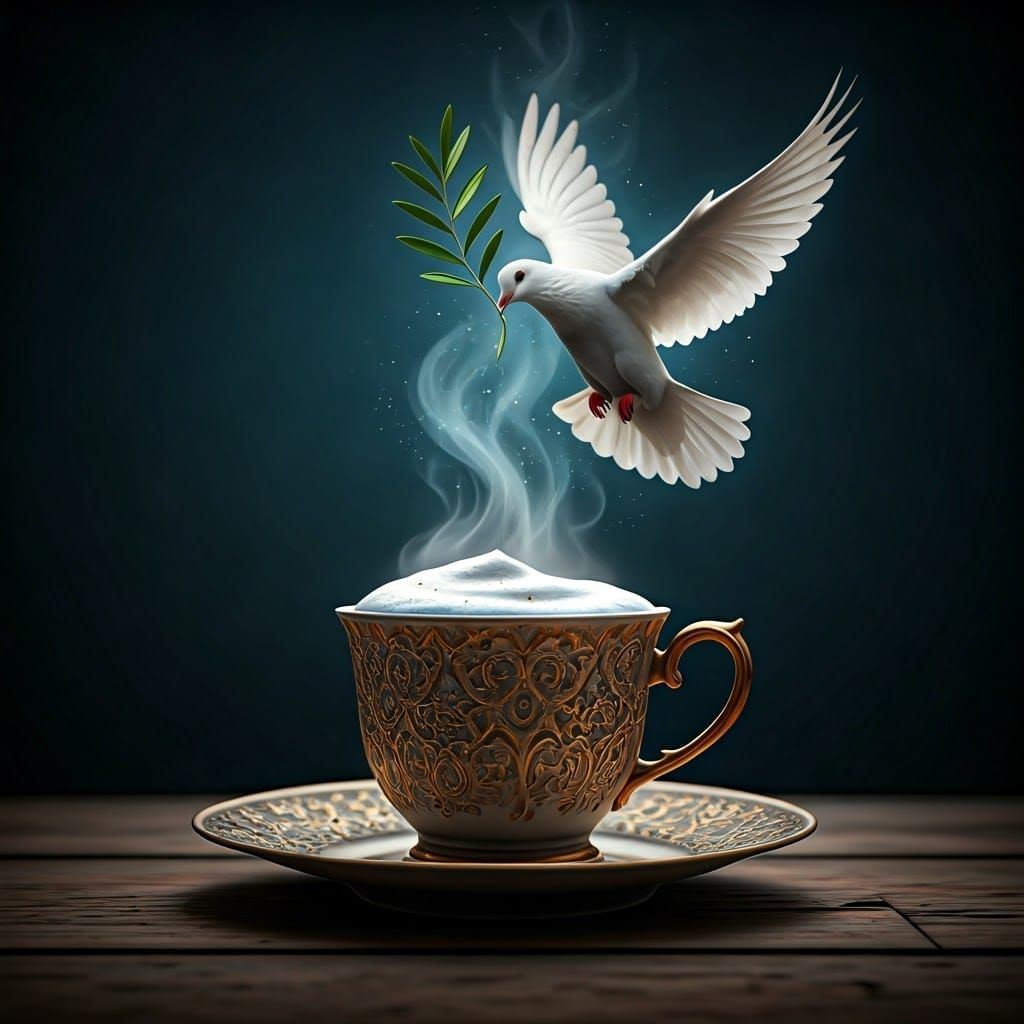 Golden Cappuccino Cup with Majestic Doves in Flight