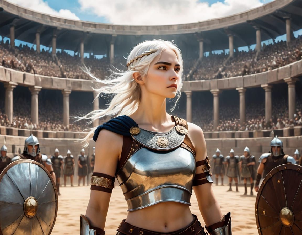 Female Gladiator in Arena, Art Nouveau Style