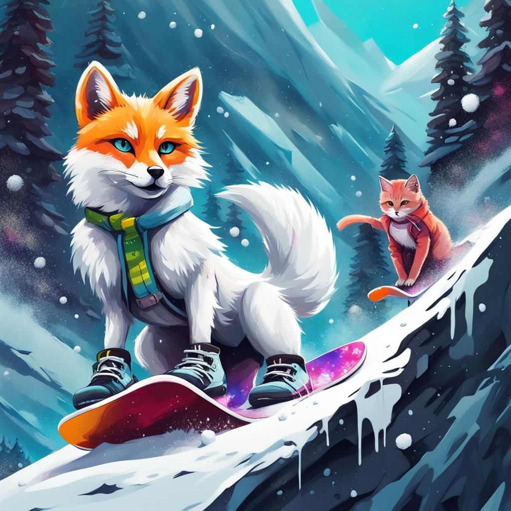Fox and Cat Snowboarding: Graffiti Art Style