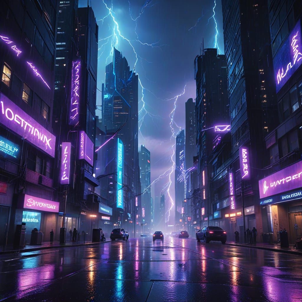 Electric Cyberpunk Cityscape with Neon Lightning, 4K