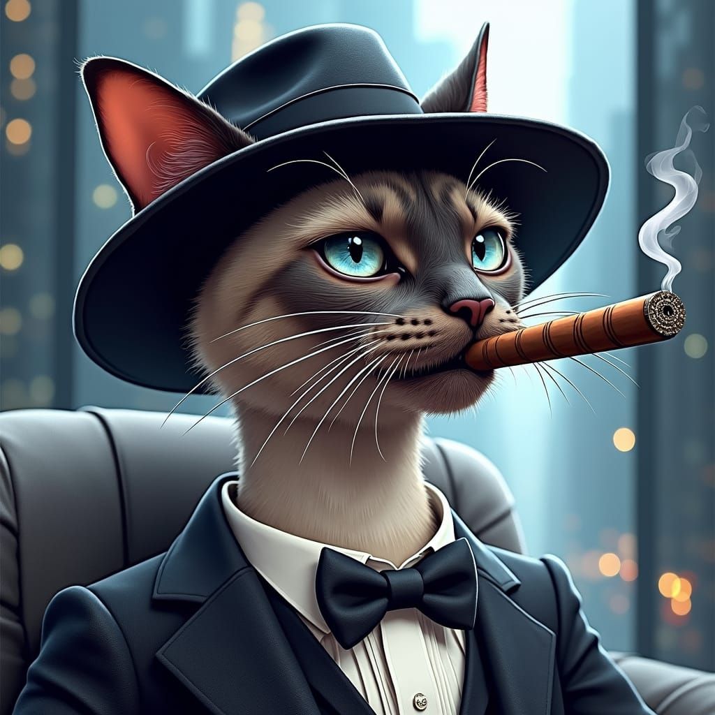 Gangster Siamese Cat Smoking Cigar in Noir Style