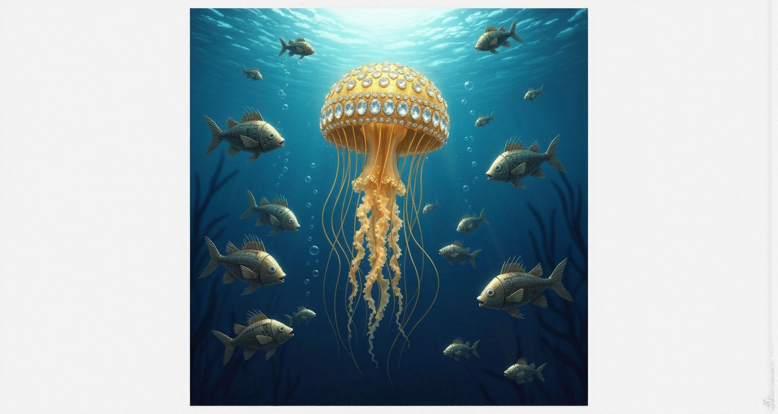 Jeweled Gold Jellyfish in Ocean of Mechanical Fish