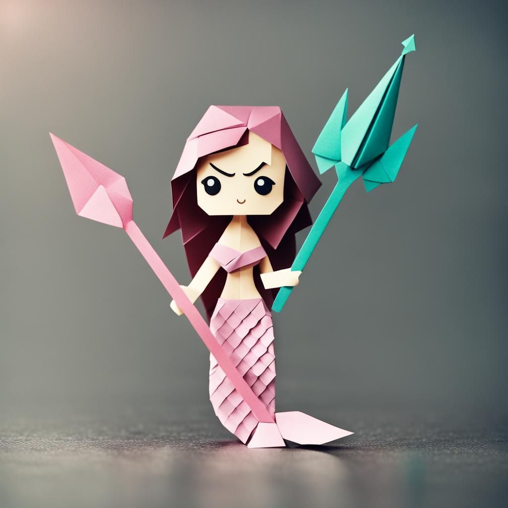 Mermaid Warrior with Trident in Origami Papercraft Style