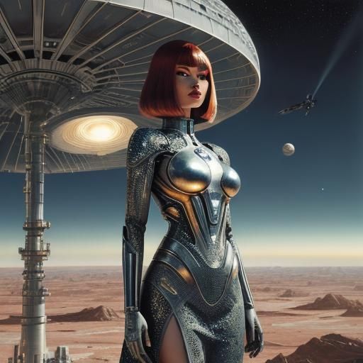 Cyborg Mushroom Girl in Orbit: Sci-Fi Illustration