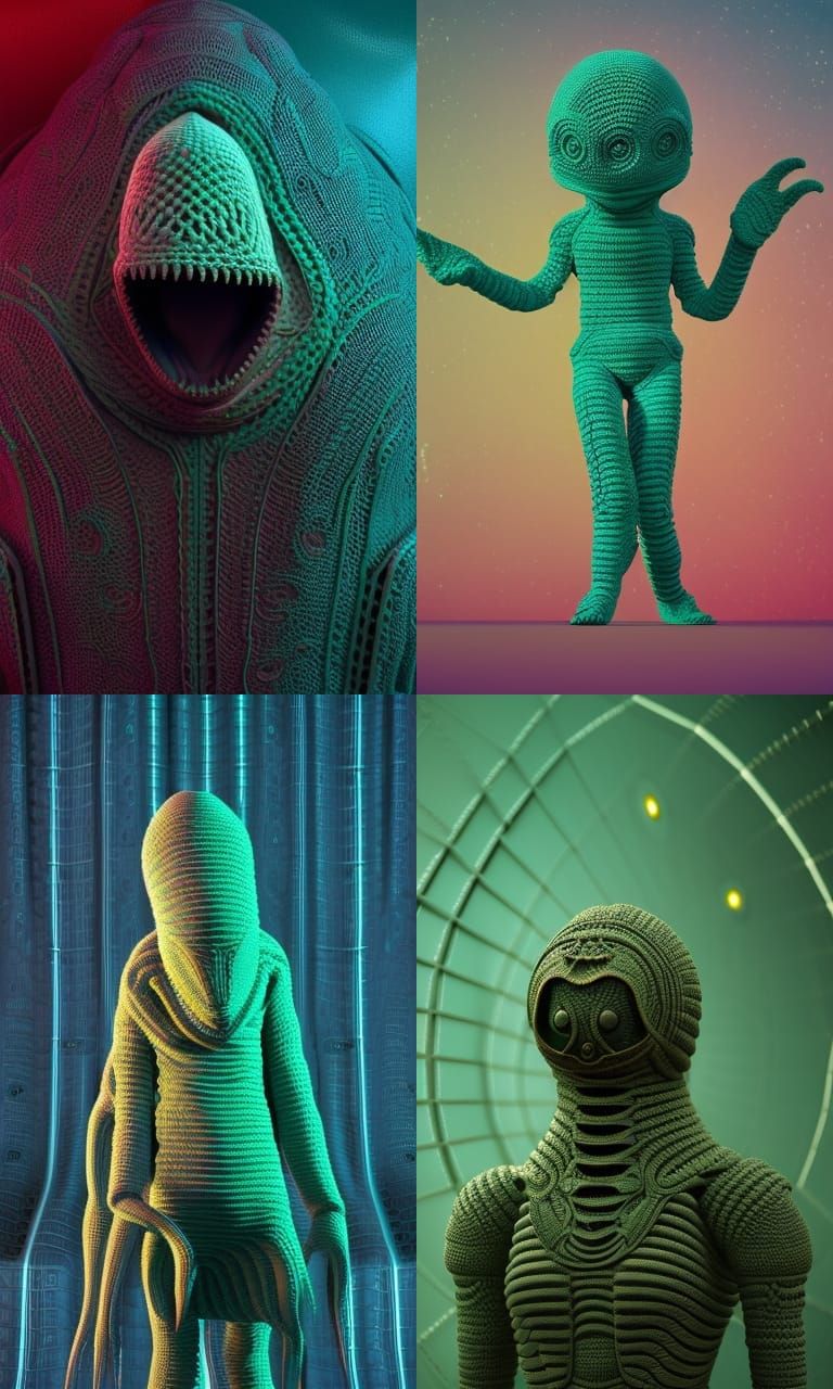Hooded alien creature human crochet pattern Eldritch intricately detailed H.R. Giger Wes Anderson Pablo Picasso triadic ...