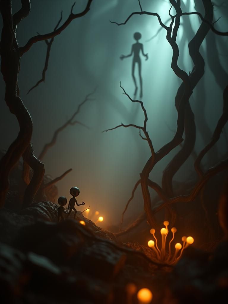 Eerie Stick Figure Aliens in Dark Retro Sci-Fi Forest
