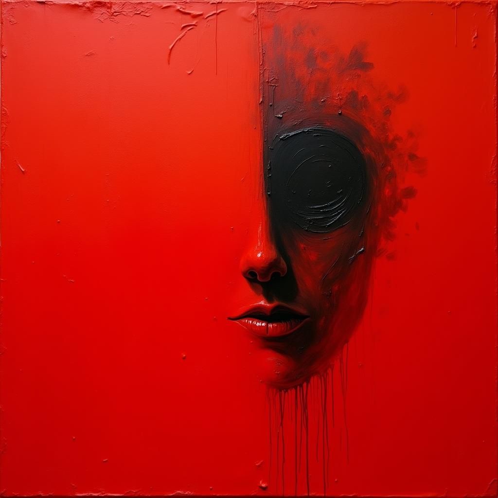 Monochromatic red painting. Oil impasto thick brush strokes ...