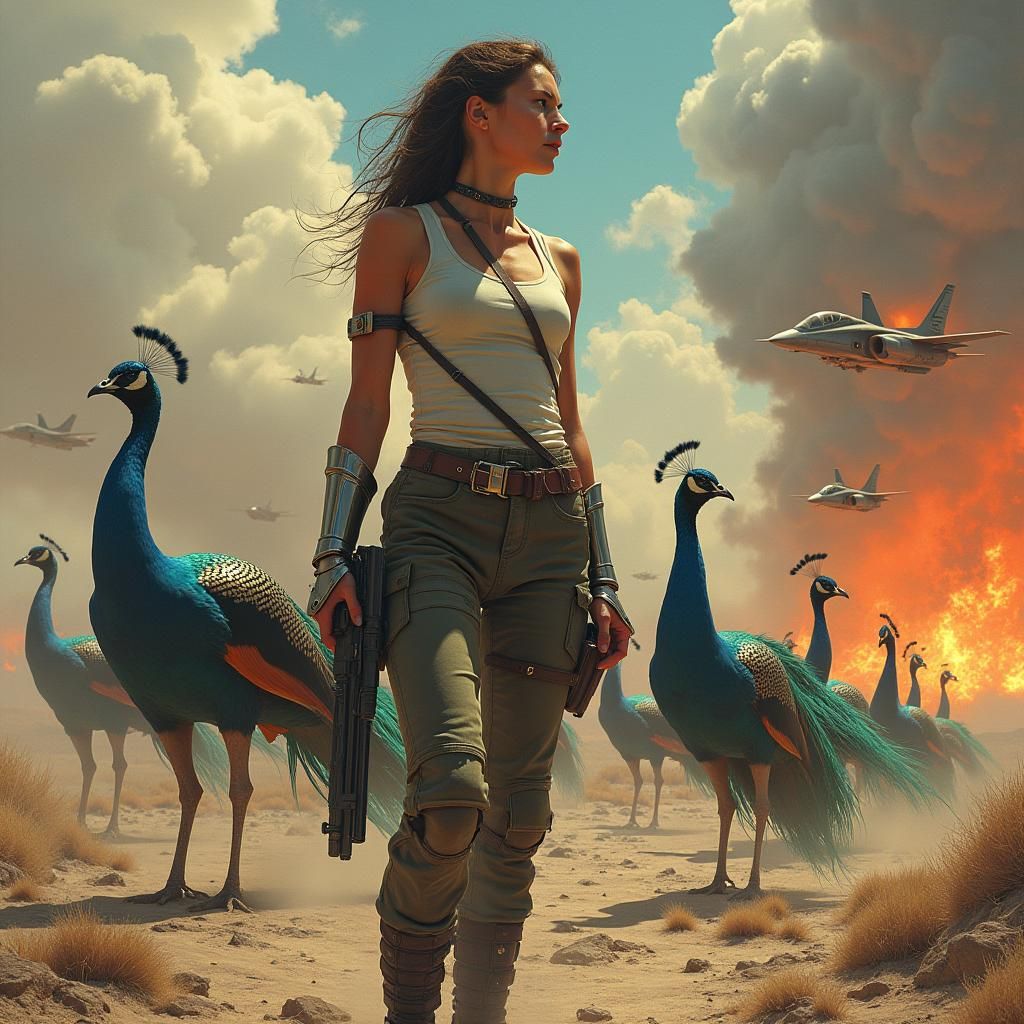 Girl with Machine Gun in Dystopian Armored Peacock Landscape