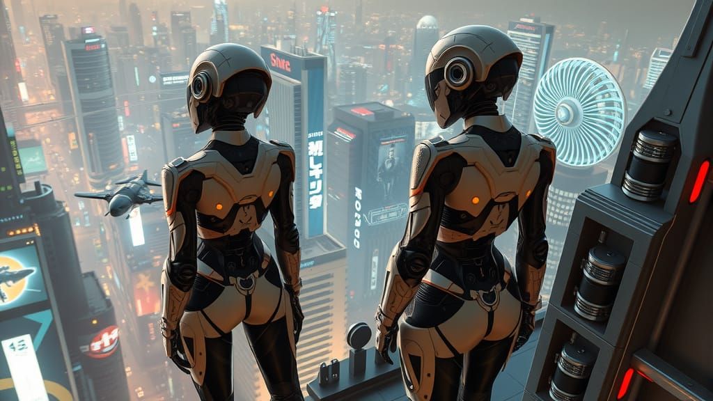 Cyborg Warriors Guard Neon City in Biomechanical Style