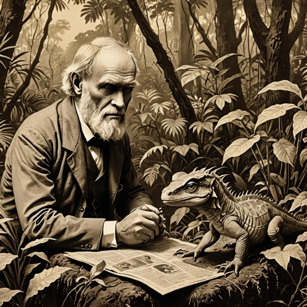 Darwin Observes Dragon: 1950s Sepia Jungle Scene