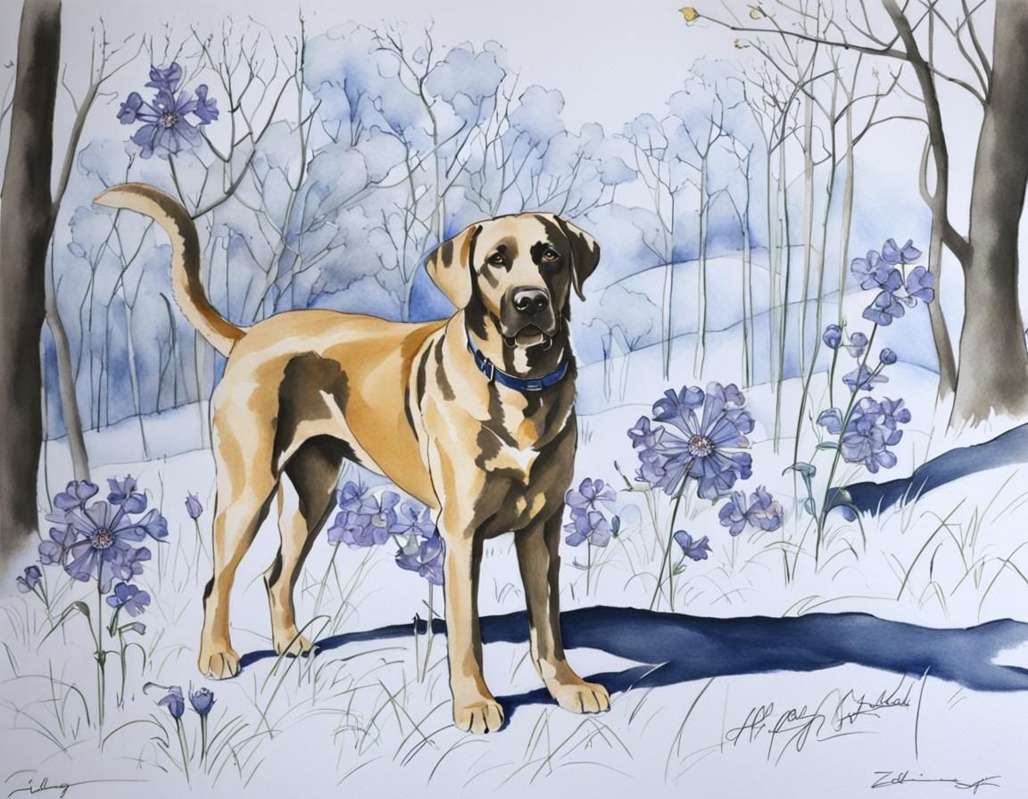 Black Labrador Portrait with Exotic Flowers in Pencil and In...