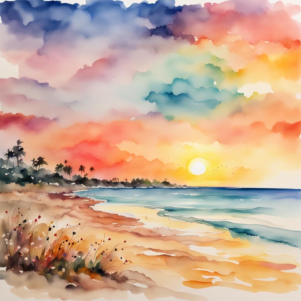 Vibrant Watercolor Sunset Beach Scene