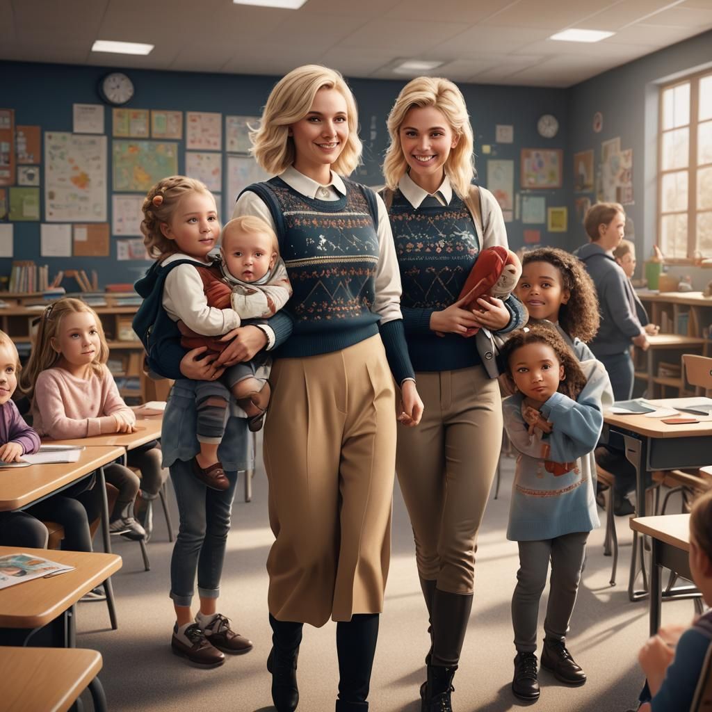 Teacher with Baby in Classroom: Detailed Matte Painting