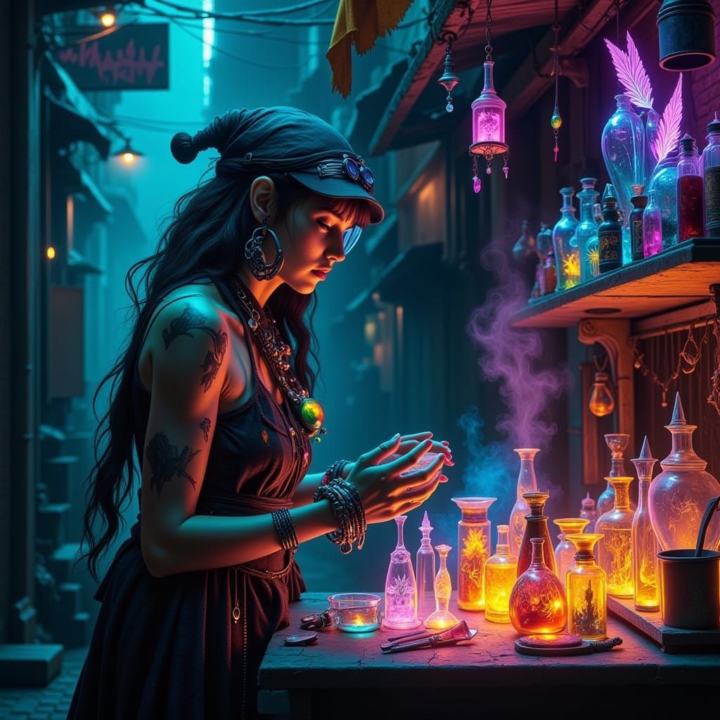 Cyberpunk Vendor Arranges Glowing Potions in Neon Alley