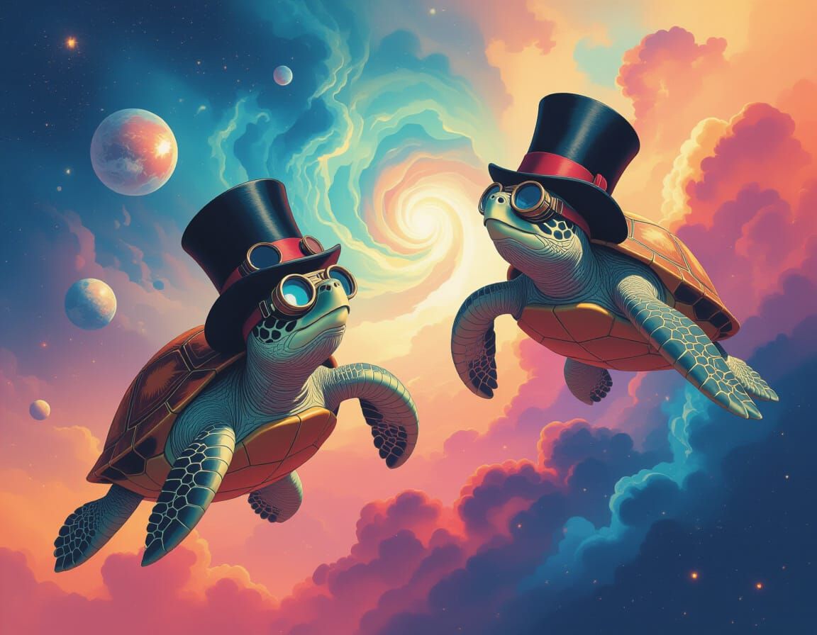 Nebula Turtles in Vintage Attire: Dreamlike Cosmic Art