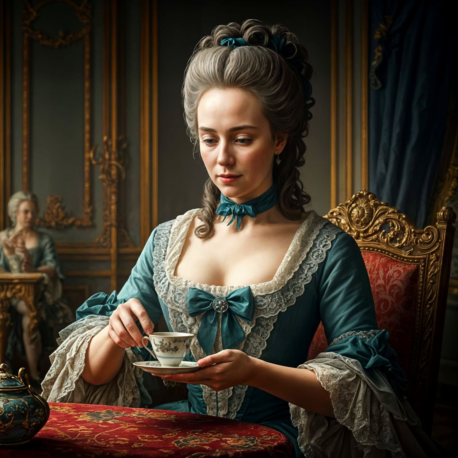 18th Century Lady Calmly Pours Tea, Hyperrealist Style