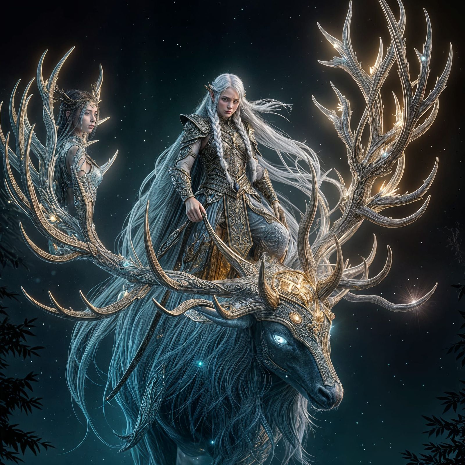 Elven Warrior on Bioluminescent Stag: Hyperrealistic Digital...