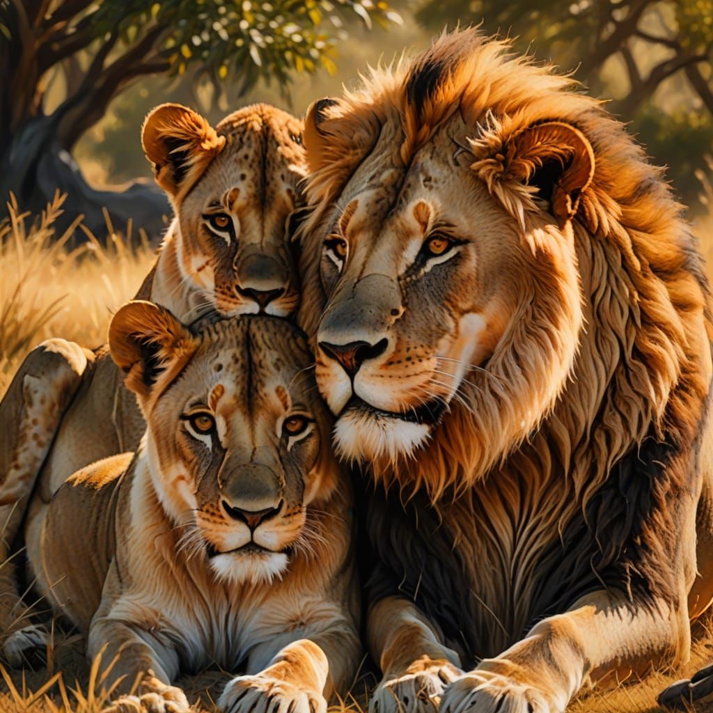 Lion and Lioness Embrace in Golden Savannah Light