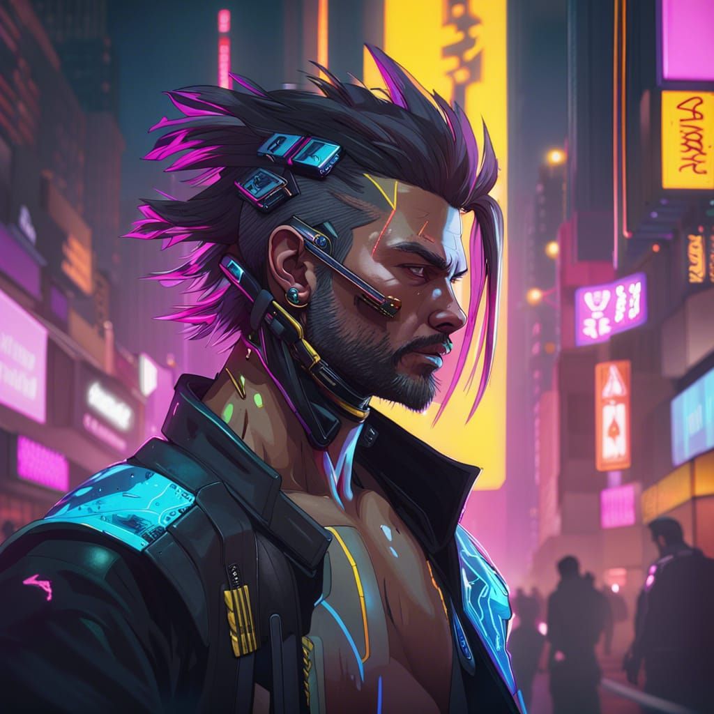 Cyberpunk Street Samurai Portrait in Neon City