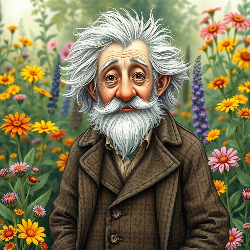 Whimsical Old Man in Lush Garden, Illustration