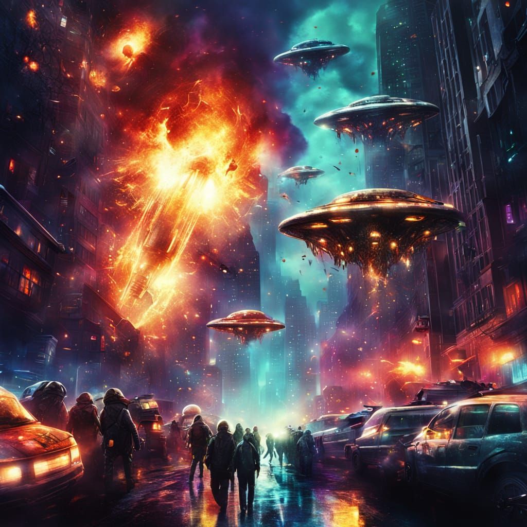 Space Aliens Invade City in Sci-Fi Digital Art