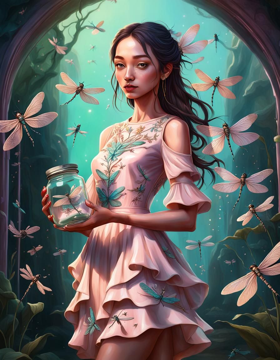 Girl with Dragonflies in Whimsical Fantasy Style