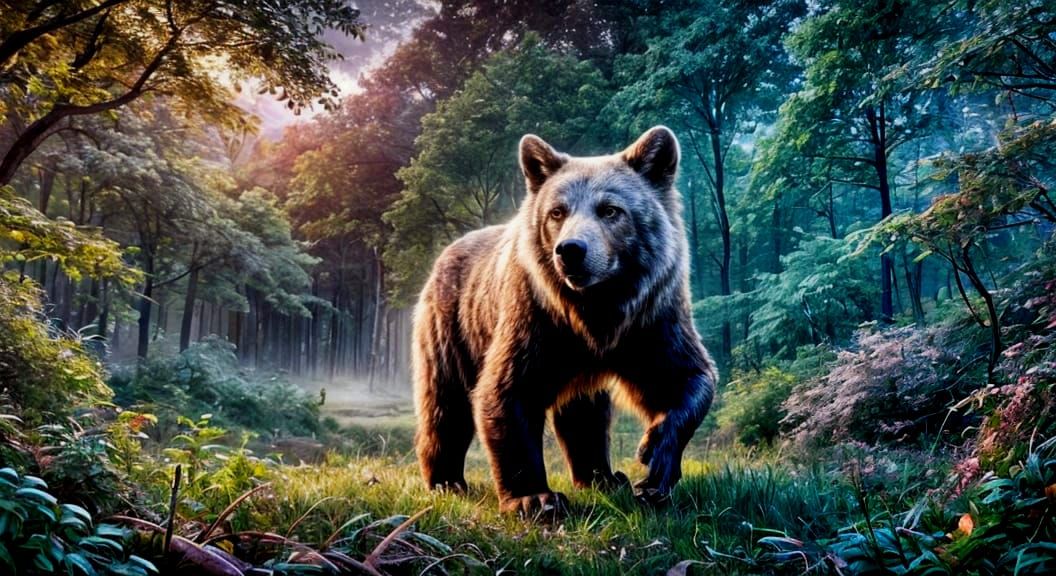 Surreal Indian Bear in a Cosmic Forest