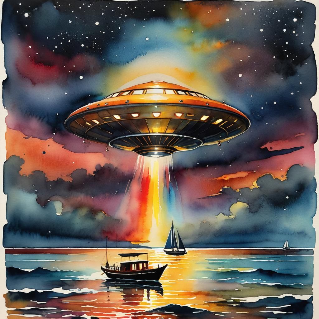 UFO over Sailboat at Night in Watercolor Style