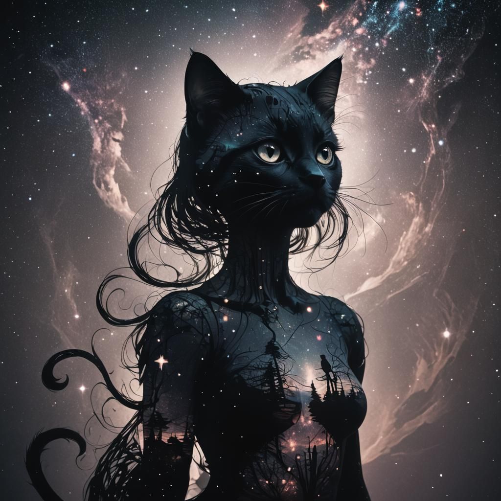 Cosmic Kitten Silhouette: Digital Double Exposure Art