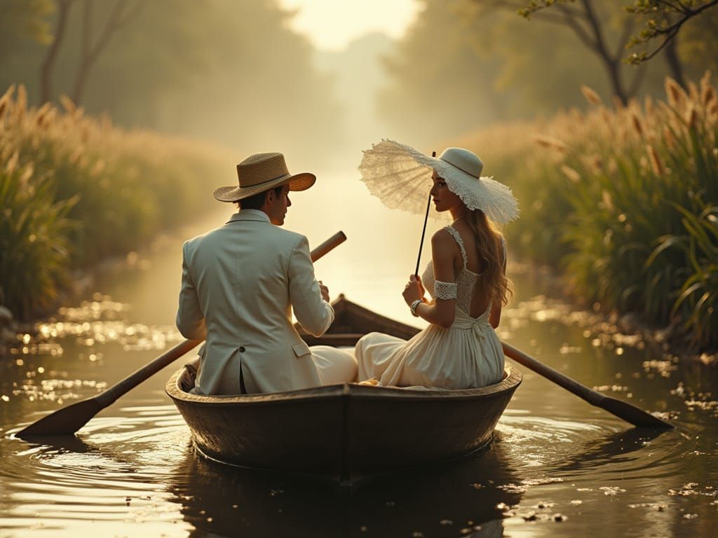 Elegant Gentleman Rows Boat Along Serpentine Canal