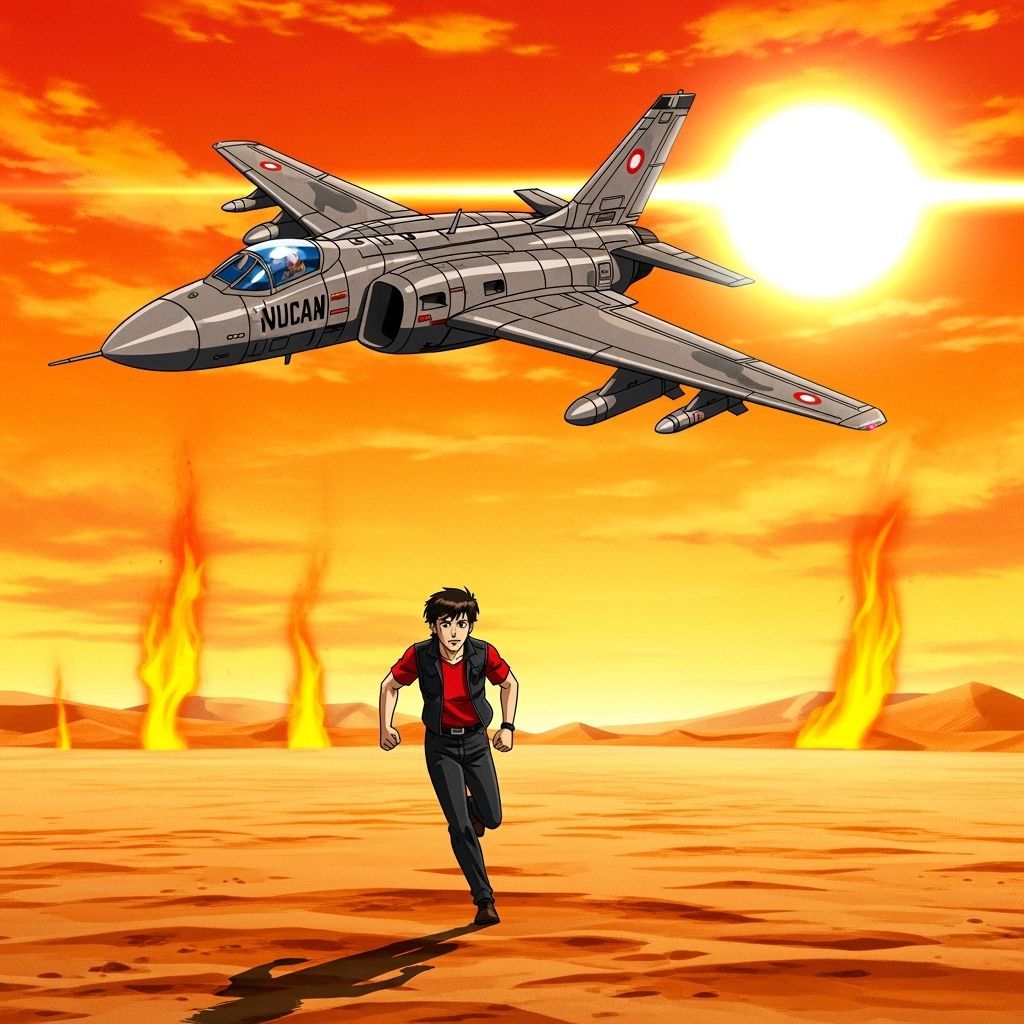 Jackie Runs Through Desert Under Vulcan Jet in Hot Skies