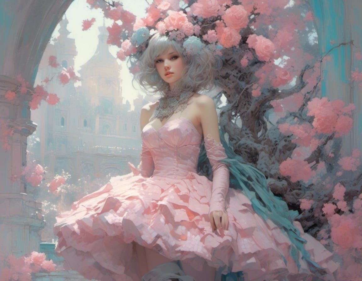 Kawaii Doll with Pastel Flowers and Stage Background