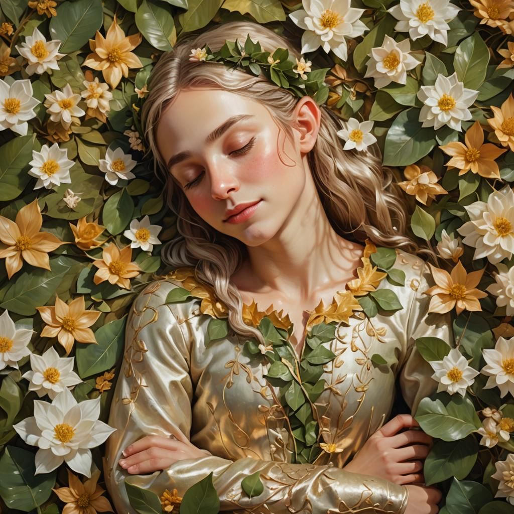 Elf Napping in Flowers, Oil Painting Style