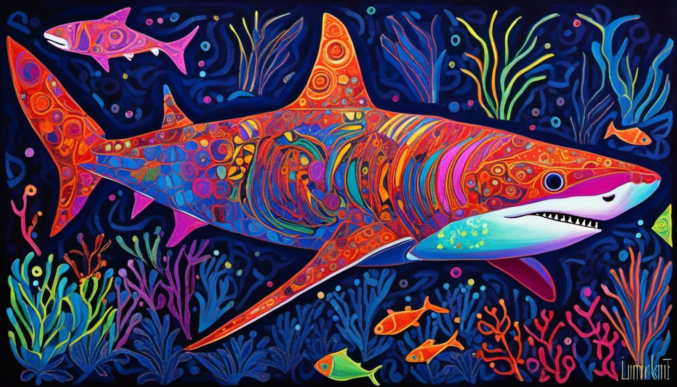 Neon Shark in Tropical Waters, Art Brut Style