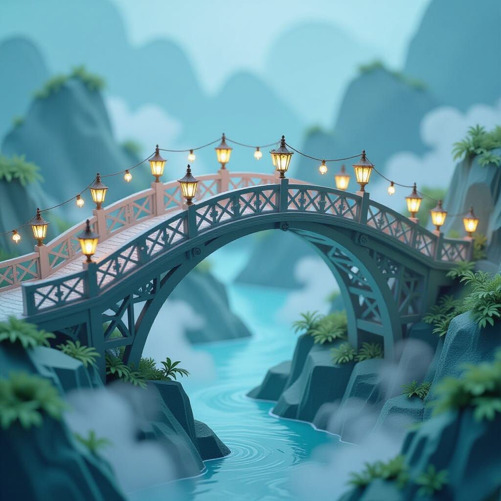 Enchanting Papercraft Bridge Over Misty Chasm with Lanterns