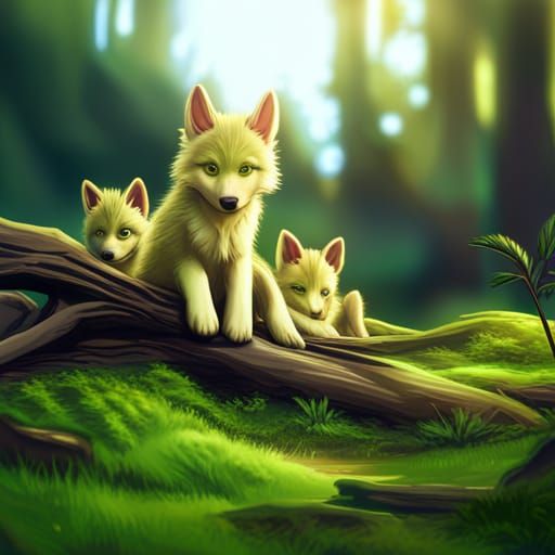 Fantastical Bright Green Wolf Pups in Detailed Painting