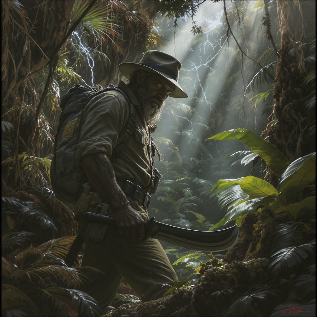 Explorer Navigates Dense Jungle in Hyperrealistic Style