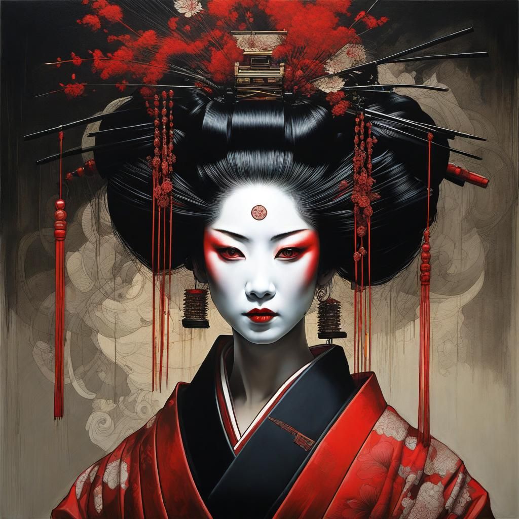 Gorgeous Dark Geisha Portrait in Photorealistic Style
