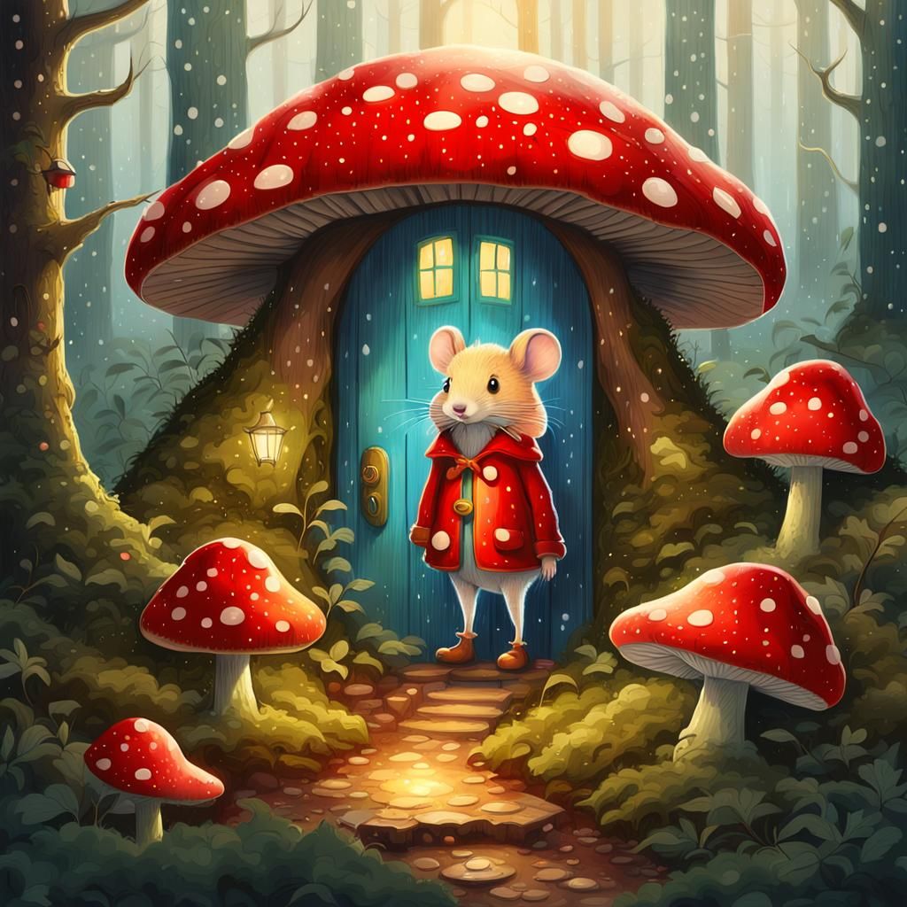 Mushroom House in Rainy Forest: Whimsical Illustration