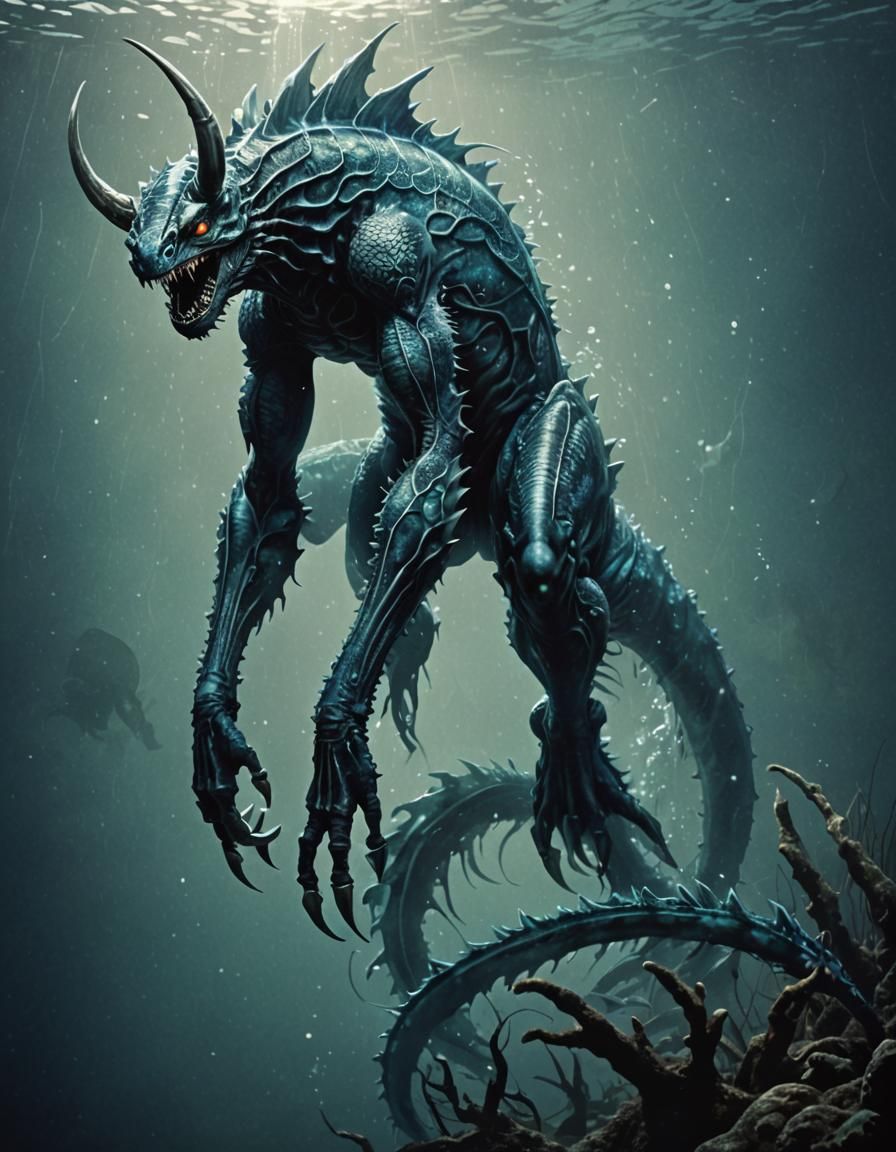 Aquatic Horror: Blue Monster in Dark Fantasy Style