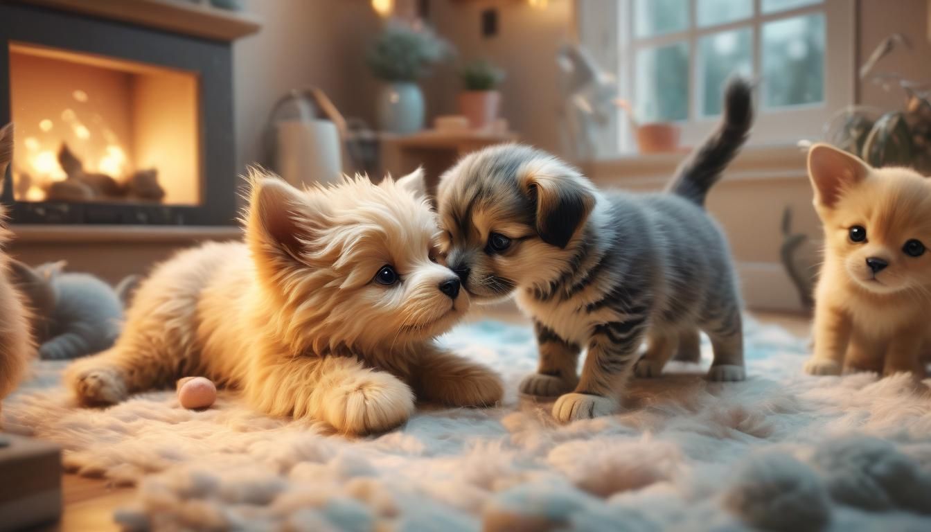 Puppies and Cats Playing in Cozy Room