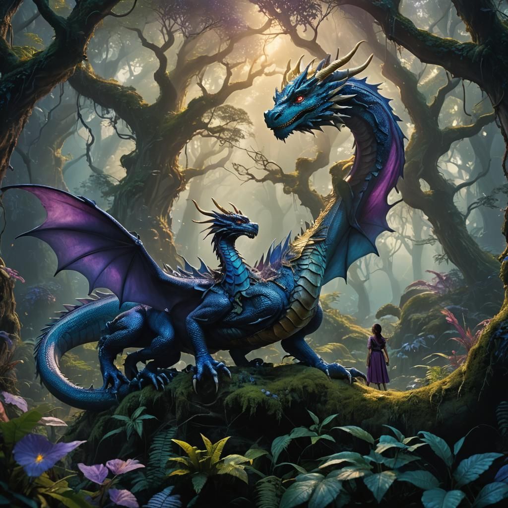 Dragon and Beautiful Woman in Enchanted Forest