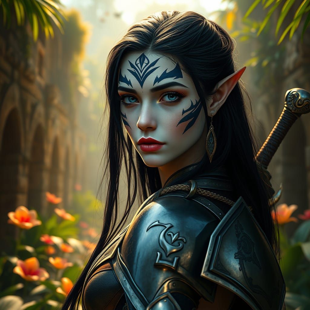 Elegant Elf Warrior in Jungle Ruins