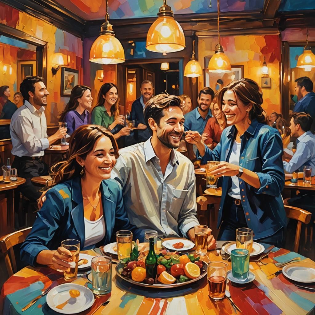 Friends Celebrating in Restaurant as Oil Painting