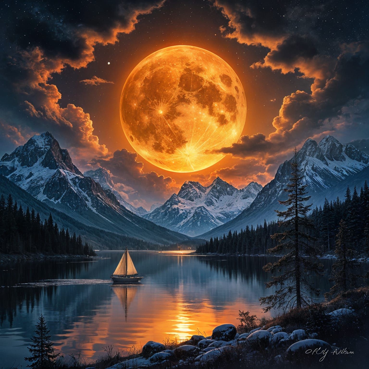 Fiery Moonlit Night Landscape with Reflecting Lake