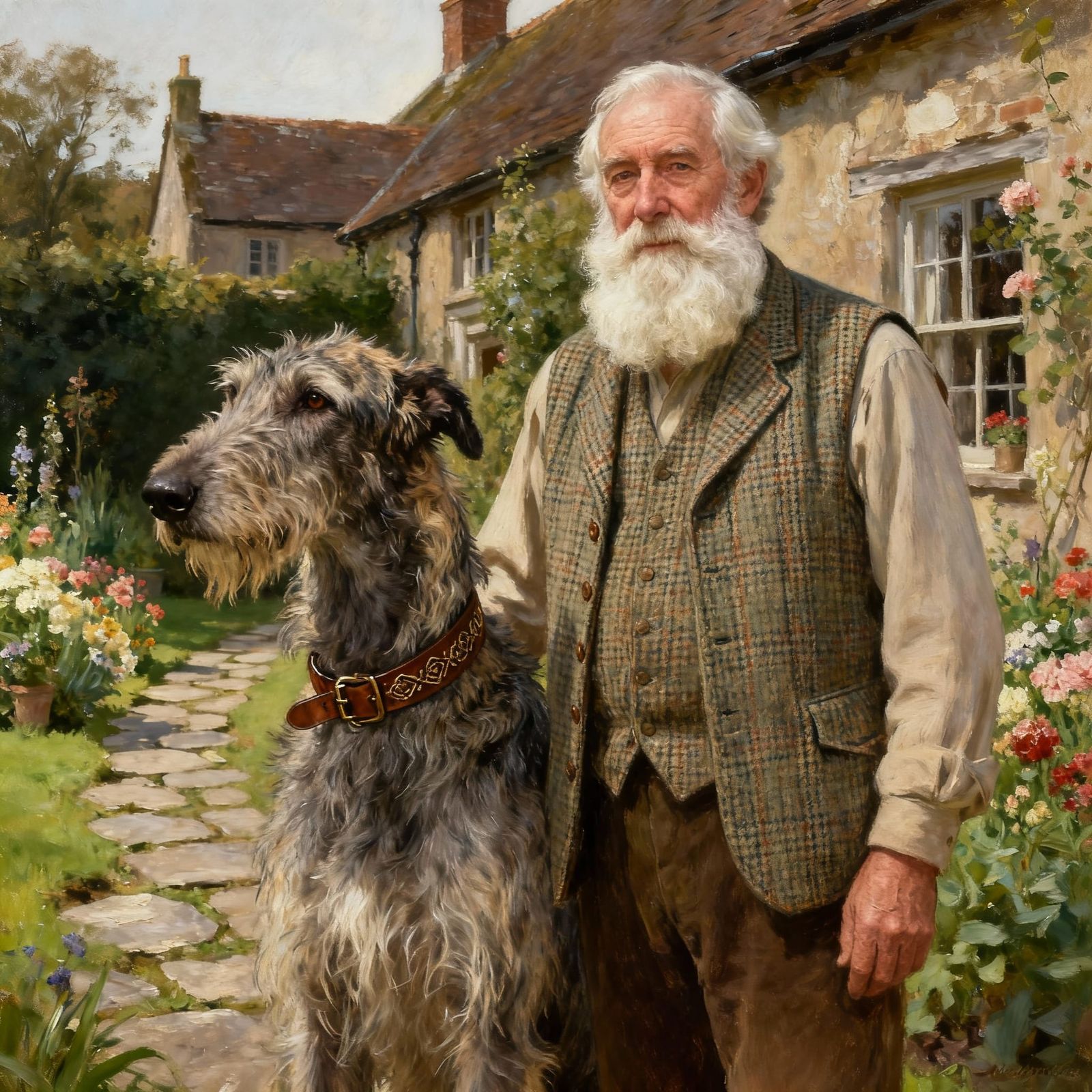 Elderly Gentleman and Irish Wolfhound in Garden