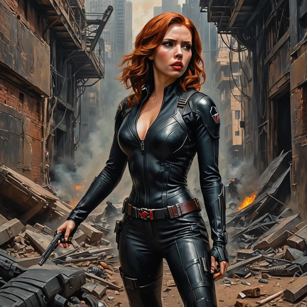 Black Widow Fighting Aliens as Oil Painting