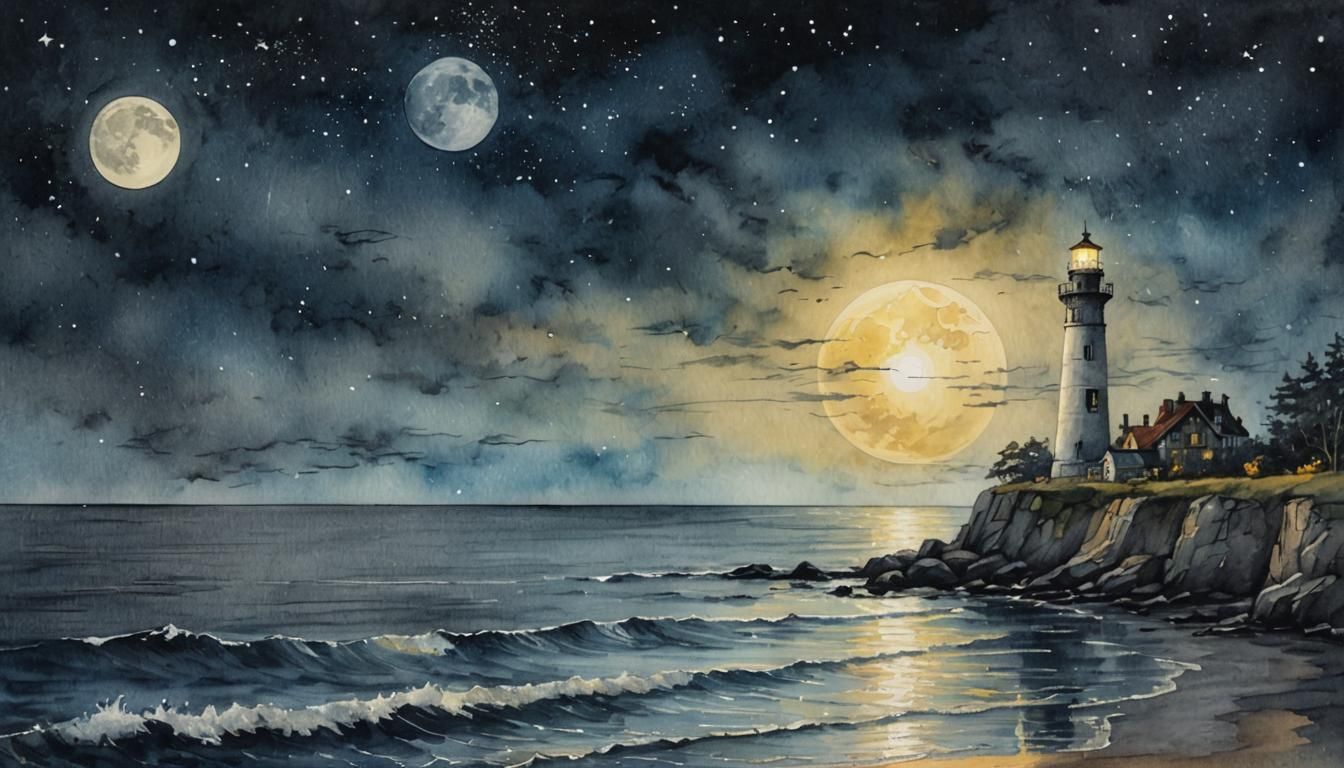 Full Moon Night Over Ocean Watercolor